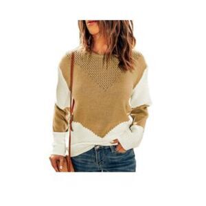 TRENDY FALL CROCHET KNIT COLOR BLOCK TOP, S, 2E-1315T005 134
